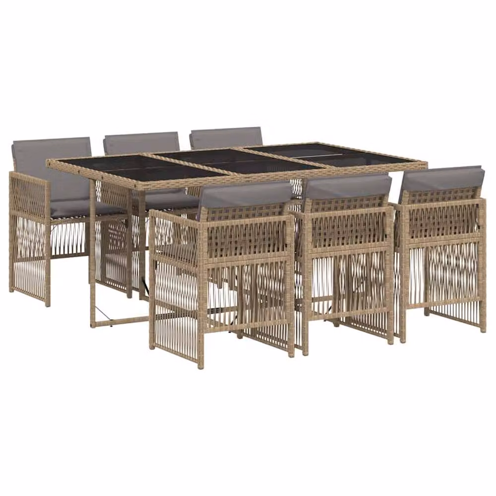 Berkfield Home Garden Rectangular Polyrattan Dining Set with Glass Top in Beige and Black – 2