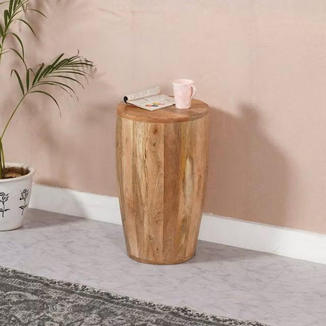 IH Design Modern Round Mango Wood Drum Side Table in Brown, W/D/H: 35 x 35 x 60 cm
