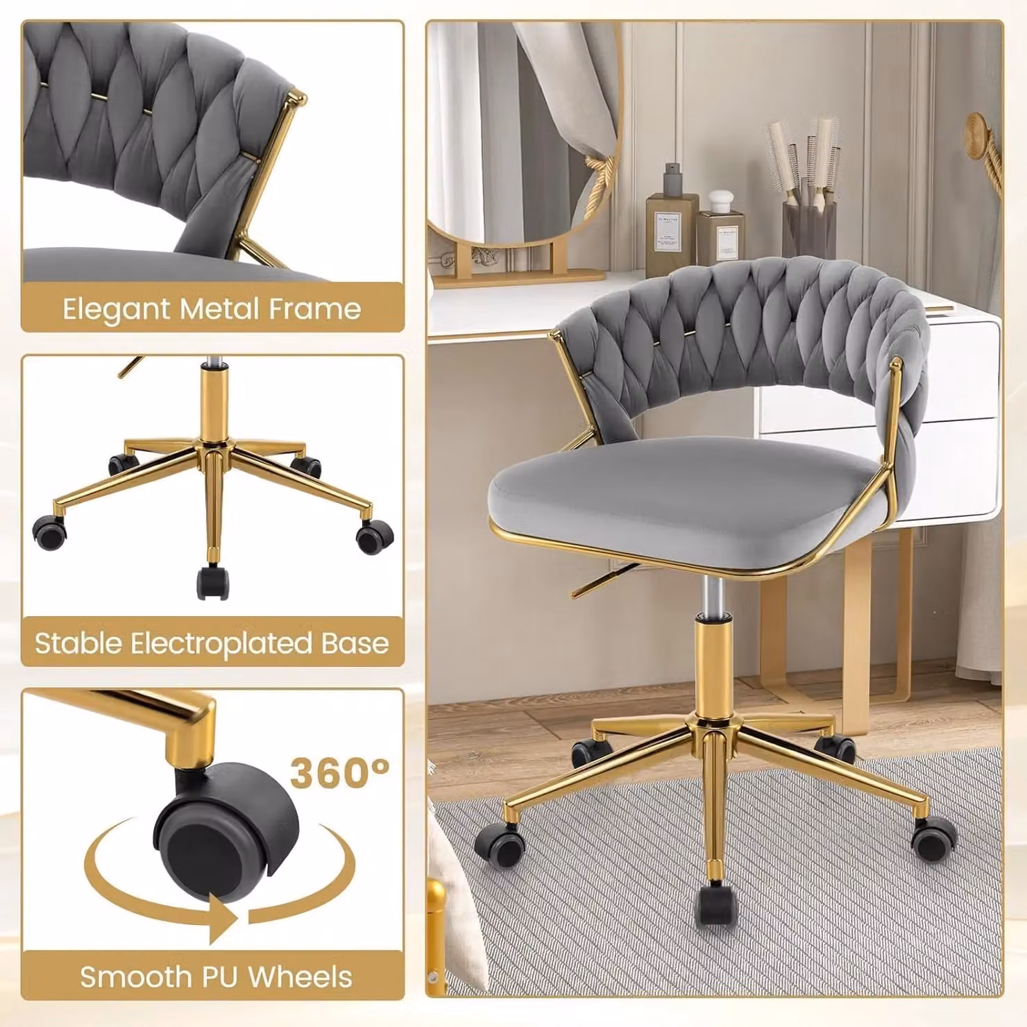 Gymax Hand-woven Grey Modern Vanity Chair with 360 Degree Swivel and Adjustable Height – 4
