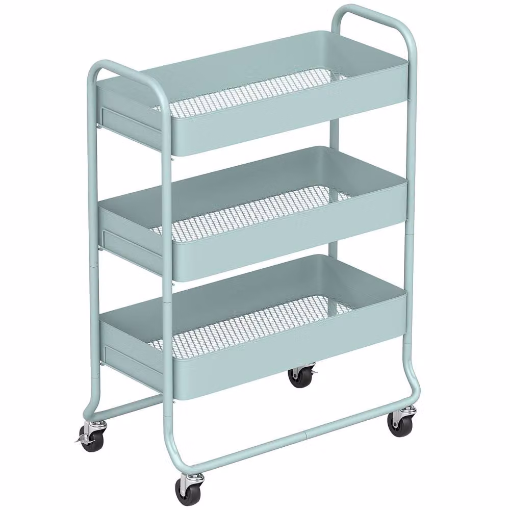 Wyld Haus Nokeyo 3 Tier Rolling Utility Trolley in Matt Light Green with Metal Mesh Baskets – 2