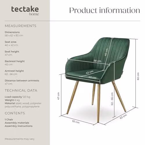 tectake Marilyn Dining Chair with Velvet Fabric and Armrests in Green and Gold – 3
