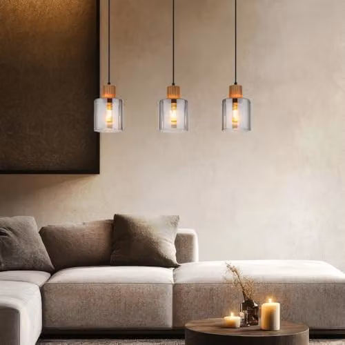 Globo Lighting Aleidis Bar Pendant Light with Smoke Glass and Wood, Black and Brown, H 120 cm – 5