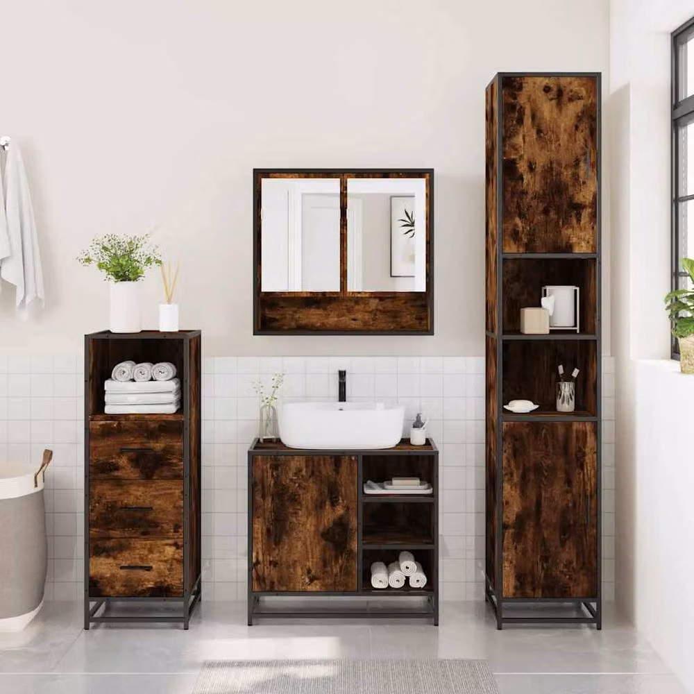 Berkfield Home 3 Piece Industrial Bathroom Furniture Set in Smoked Oak Brown – 3