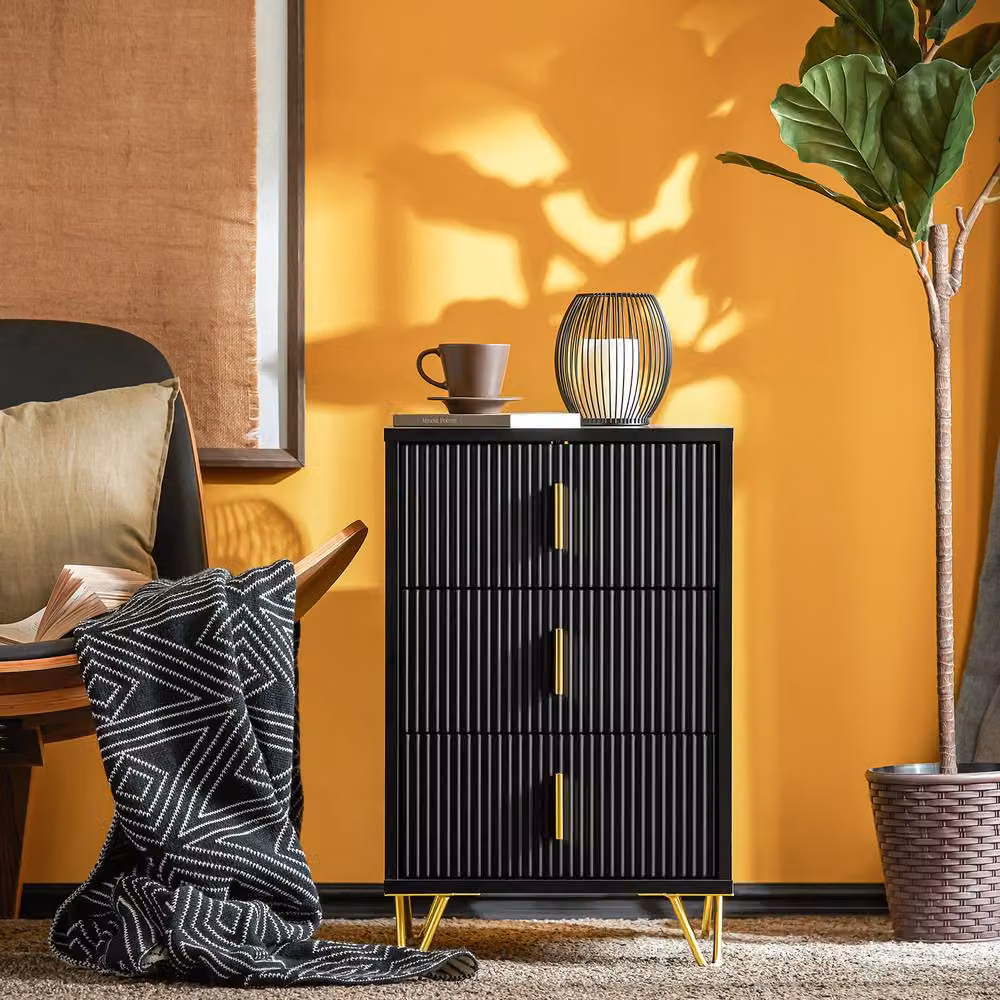SoBuy 3 Drawer Bedside Table with Ribbed Front and Gold Handles in Black, Height: 63 cm – 6