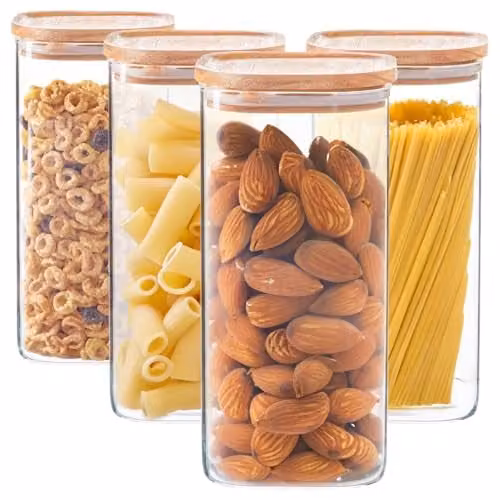 Argon Tableware Set of 4 Square Glass Storage Jars with Airtight Wooden Lids, 1.5 l, Transparent