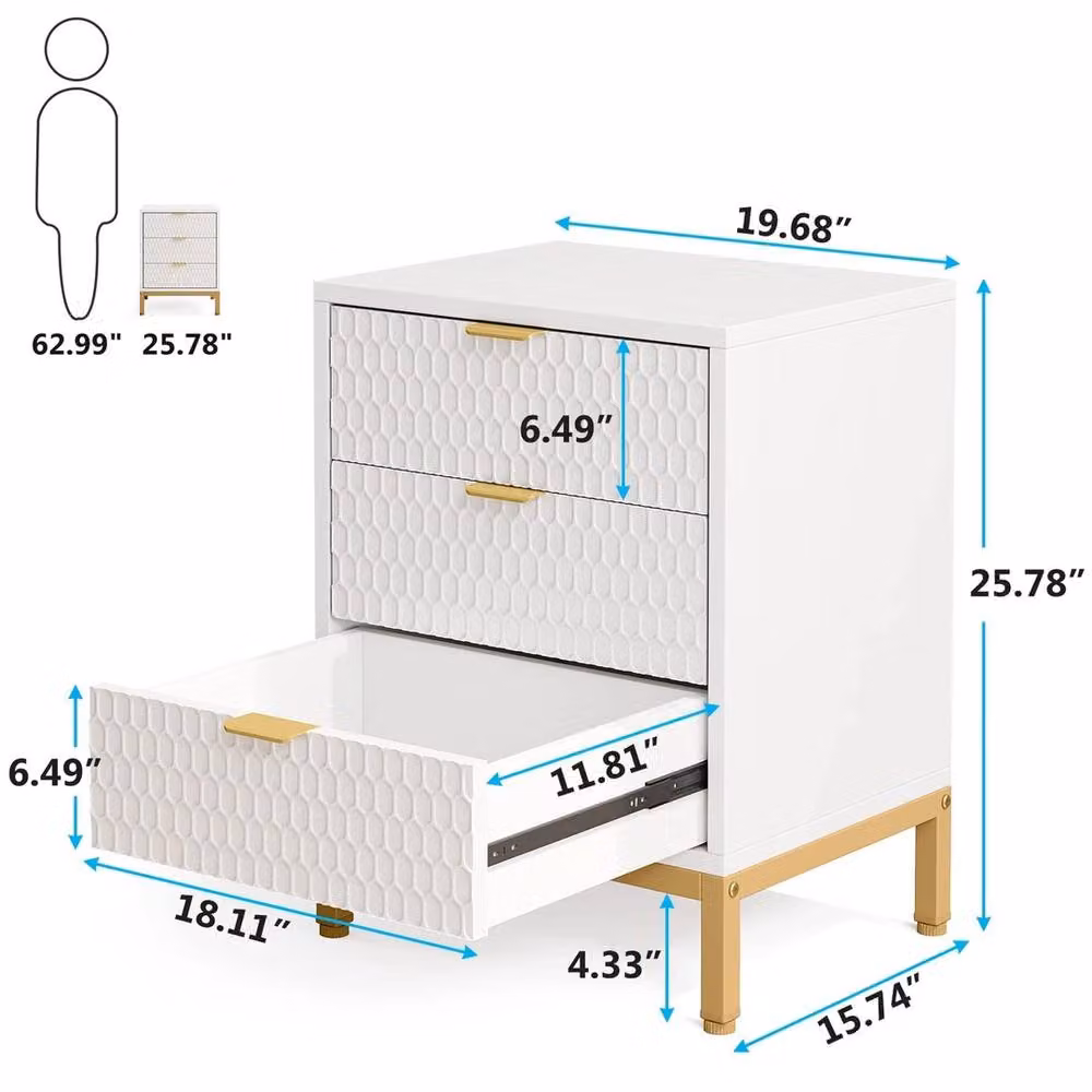 VOGREX Modern White and Gold Geometric Nightstand with 3 Drawers for your Bedroom – 2