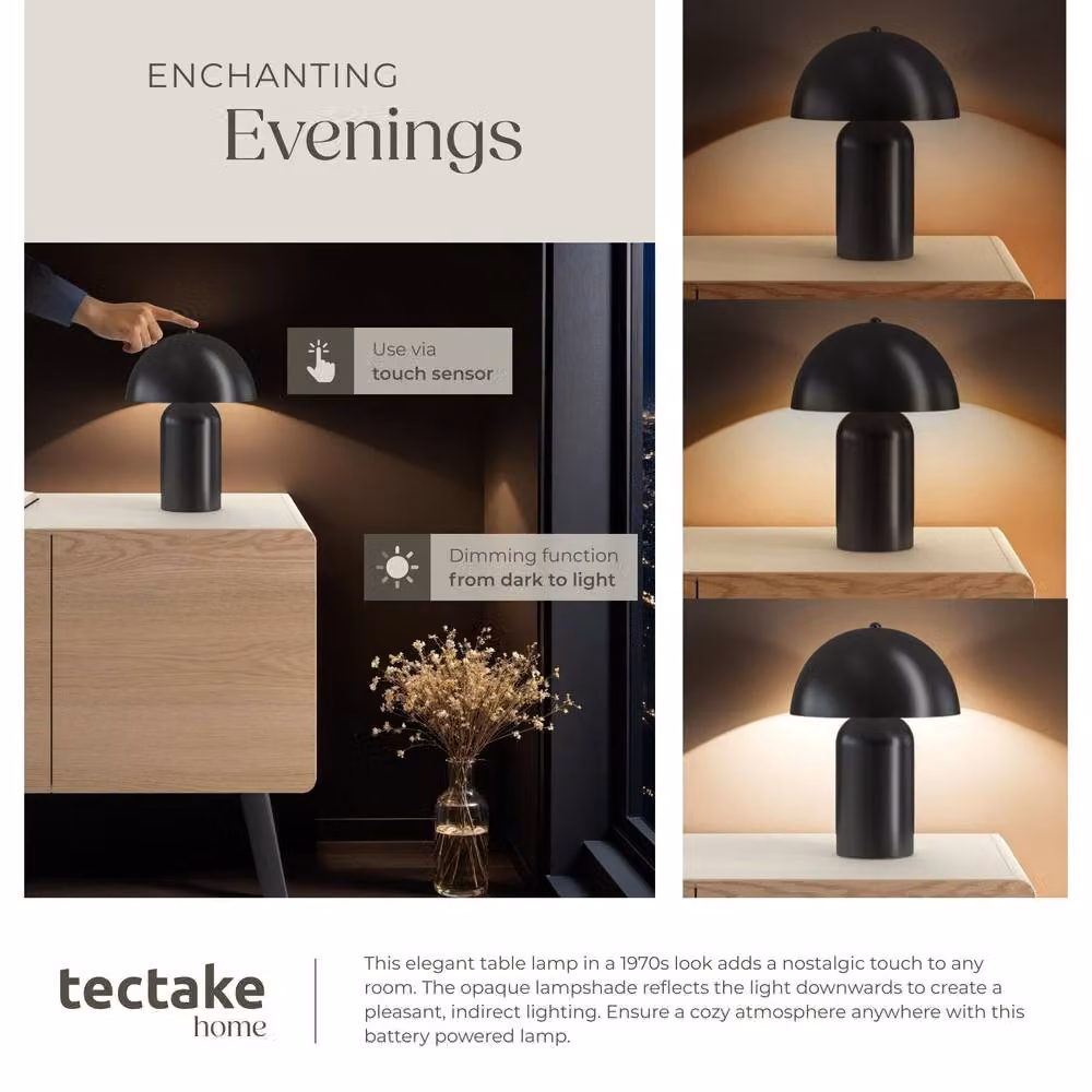tectake Kade Retro LED Table Lamp in Black with Rechargeable Battery and 3 Brightness Levels – 3