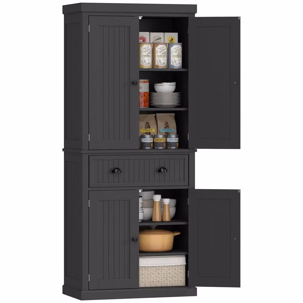 HOMCOM Black Freestanding Kitchen Storage Cabinet with Drawers, Cupboards and Shelves – 2