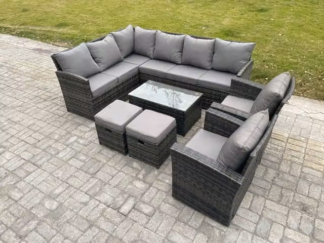Fimous 10 Seater Rattan Lounge Corner Sofa Set with Coffee Table and 2 Small Footstools in Dark Grey
