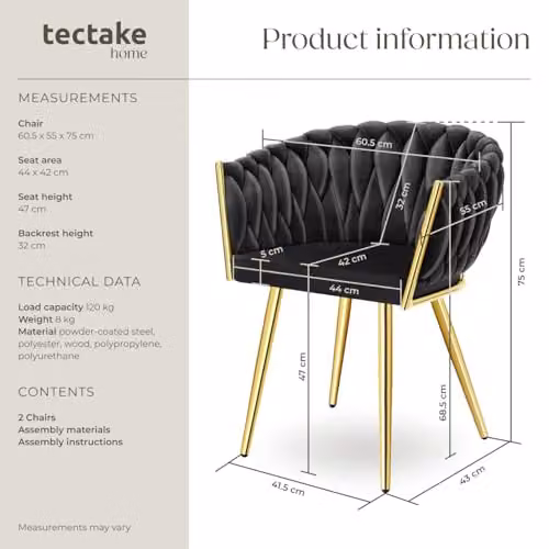 tectake Set of 2 Astano Dining Chairs with Velvet Fabric and Knot Design in Black and Gold – 3