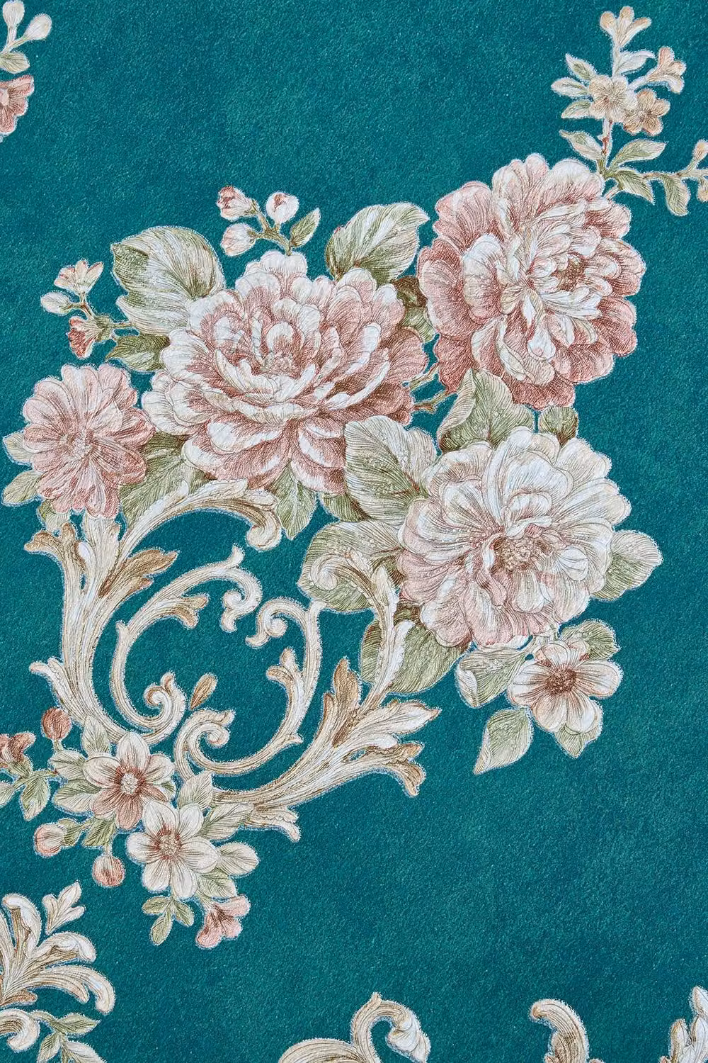 Living and Home European Style Clustered Blooms and Curly Grass Pattern Wallpaper in Dark Green – 3