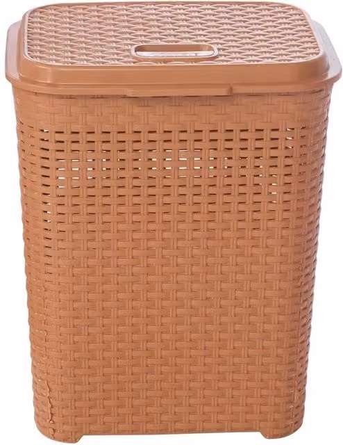 VOGREX 55L Beige and Brown Plastic Rattan Laundry Bin with Handles