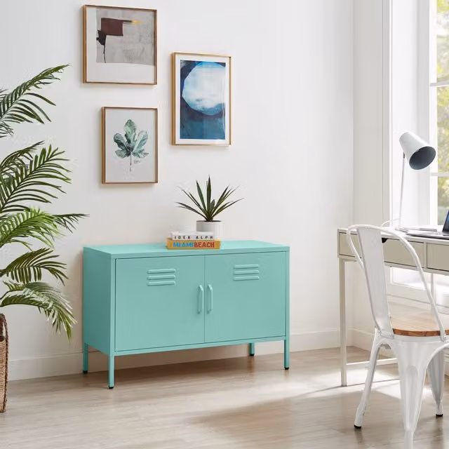 FurnitureboxUK Teksi Modern Industrial Matt Blue Metal 2 Door Sideboard