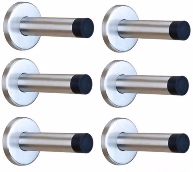 Havendro Set of 6 Wall Mounted Door Stops in Chrome Silver Metal and Rubber