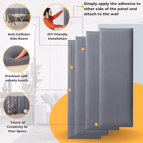 Novecrafto Set of 4 Velvet Upholstered Wall Panels in Grey, W: 80 cm, H: 30 cm – 2