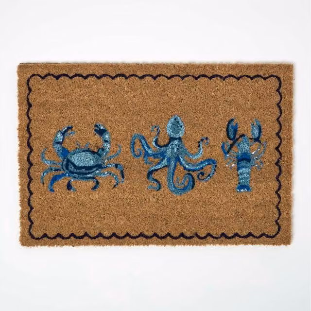 Homescapes Blue Maritime Sea Animal Non-Slip Coir Doormat, W/D/H: 60 x 40 x 1.7 cm