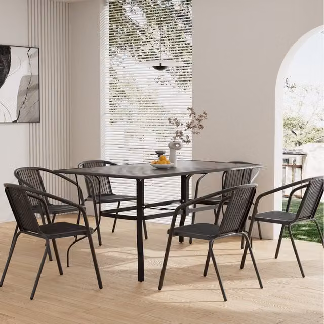 Livingandhome Modern Garden Set with Metal Slatted Table and 6 Rattan Chairs, Dark Grey and Black, Table Width: 150 cm