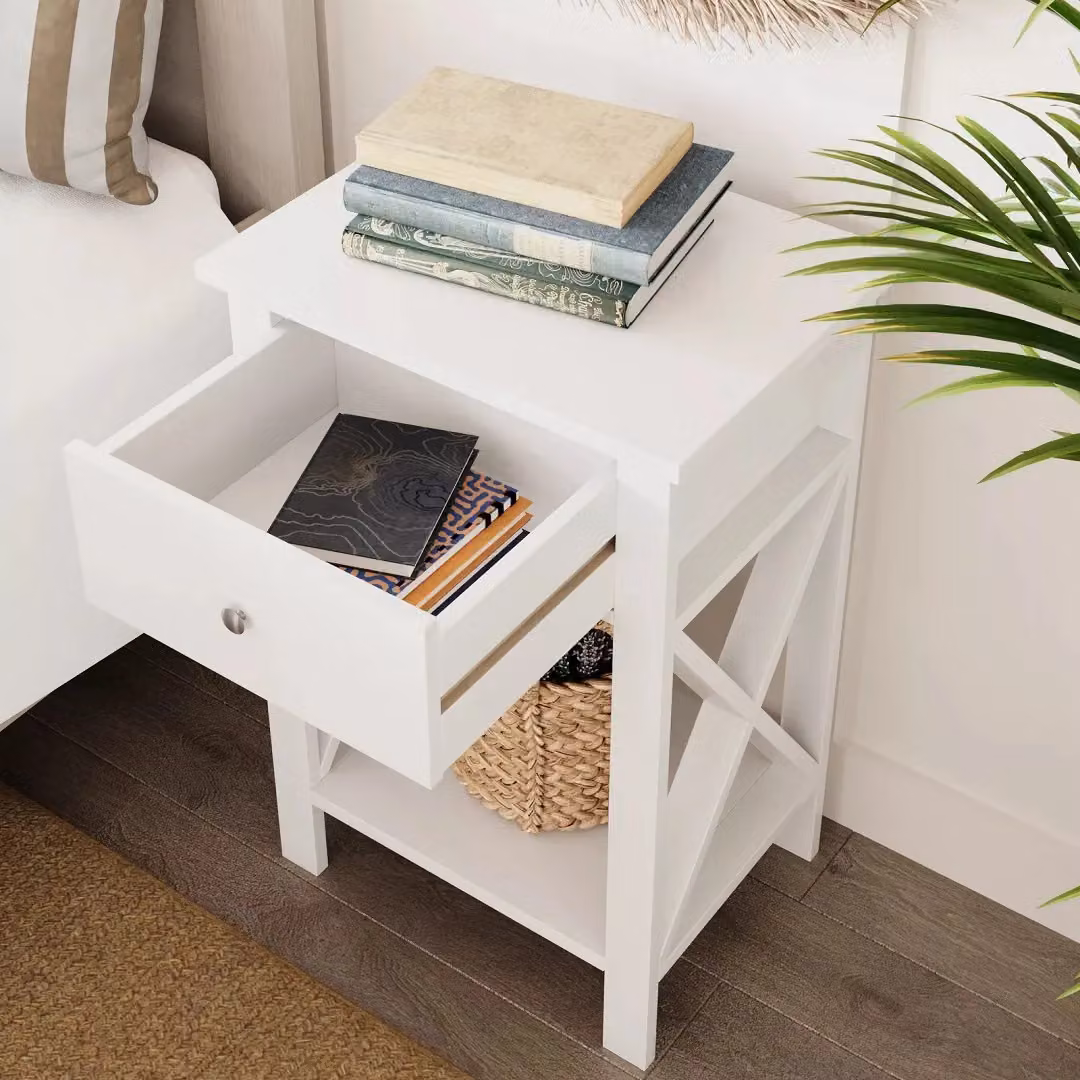EONLION X-Frame Nightstand with Drawer and Shelf, Black Wooden Bedside End Table – 4