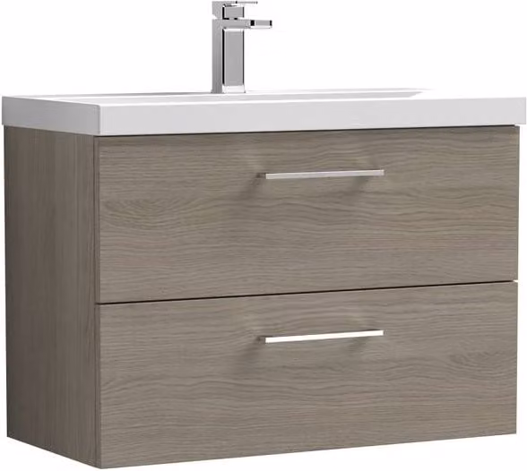 Balterley Solace Oak Wall Hung 2 Soft Close Drawer Bathroom Vanity Unit, Brown, Width: 80 cm