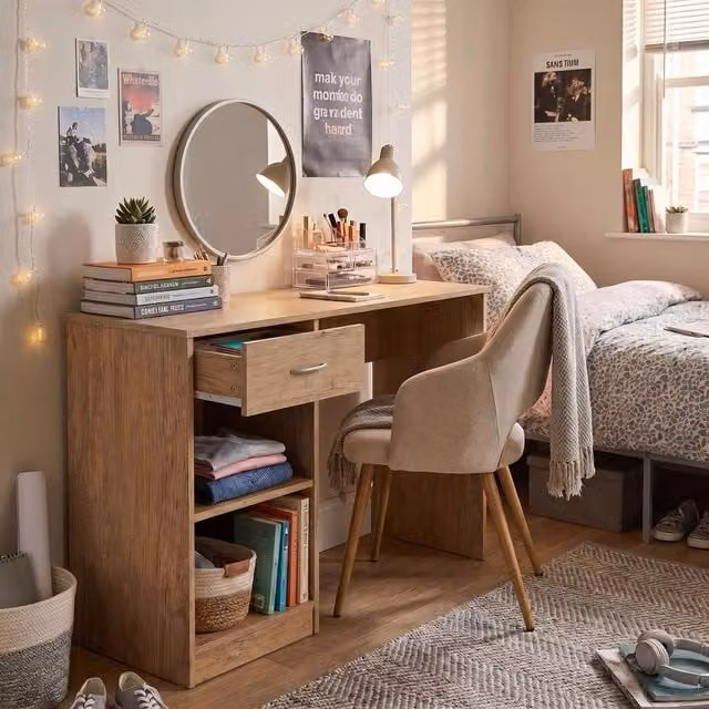 FWStyle Oak Writing Desk and Dressing Table in Brown with 1 Drawer and 2 Shelves – 1