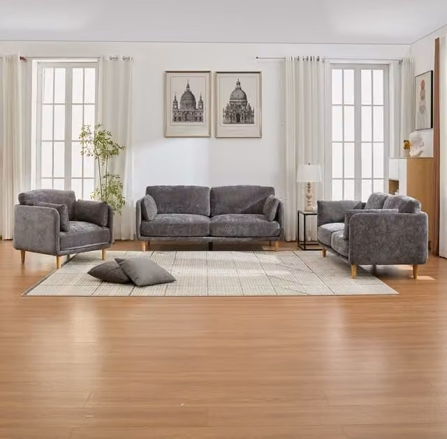 Furniture One Mid Century Modern Upholstered Fabric Sofa Couch Set in Grey
