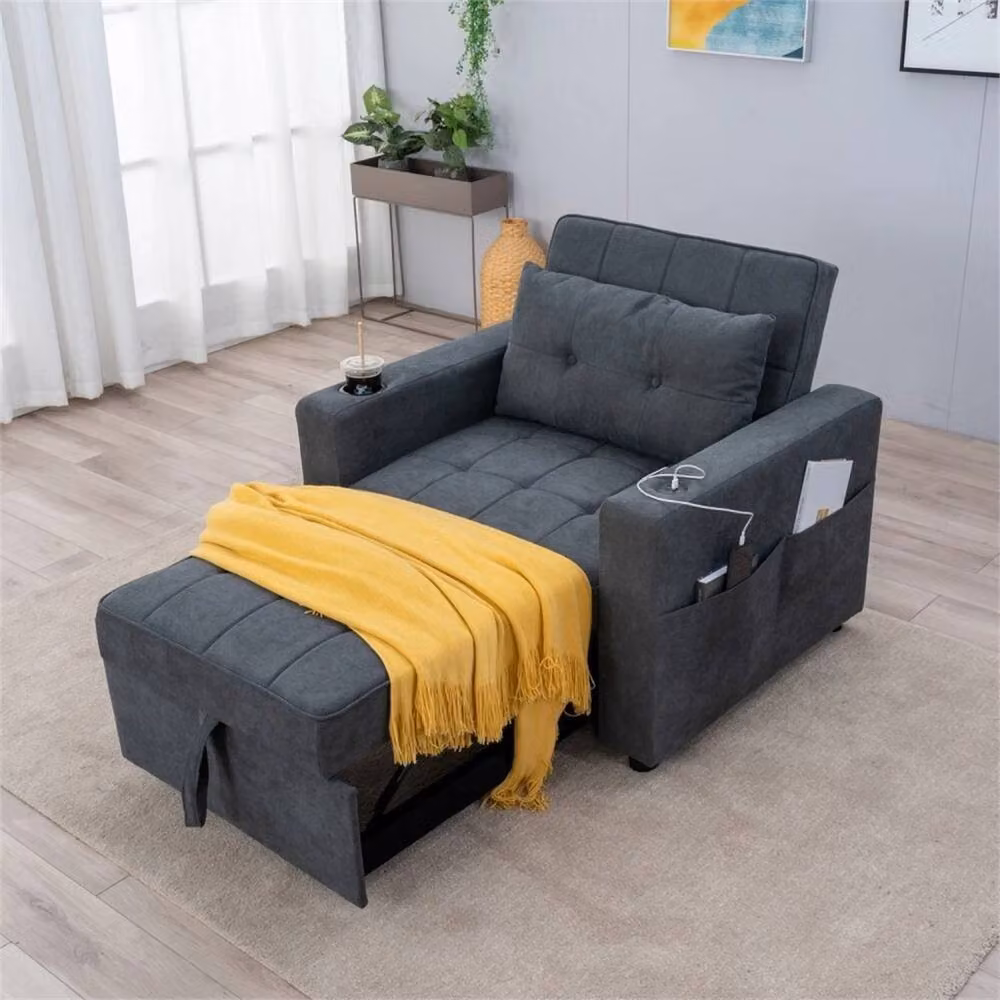 FORGEVIO Grey Linen Single Bed Corner Sofa Bed with Sleeping Function and Scatter Cushions, W/D/H: 90 x 190 cm – 2