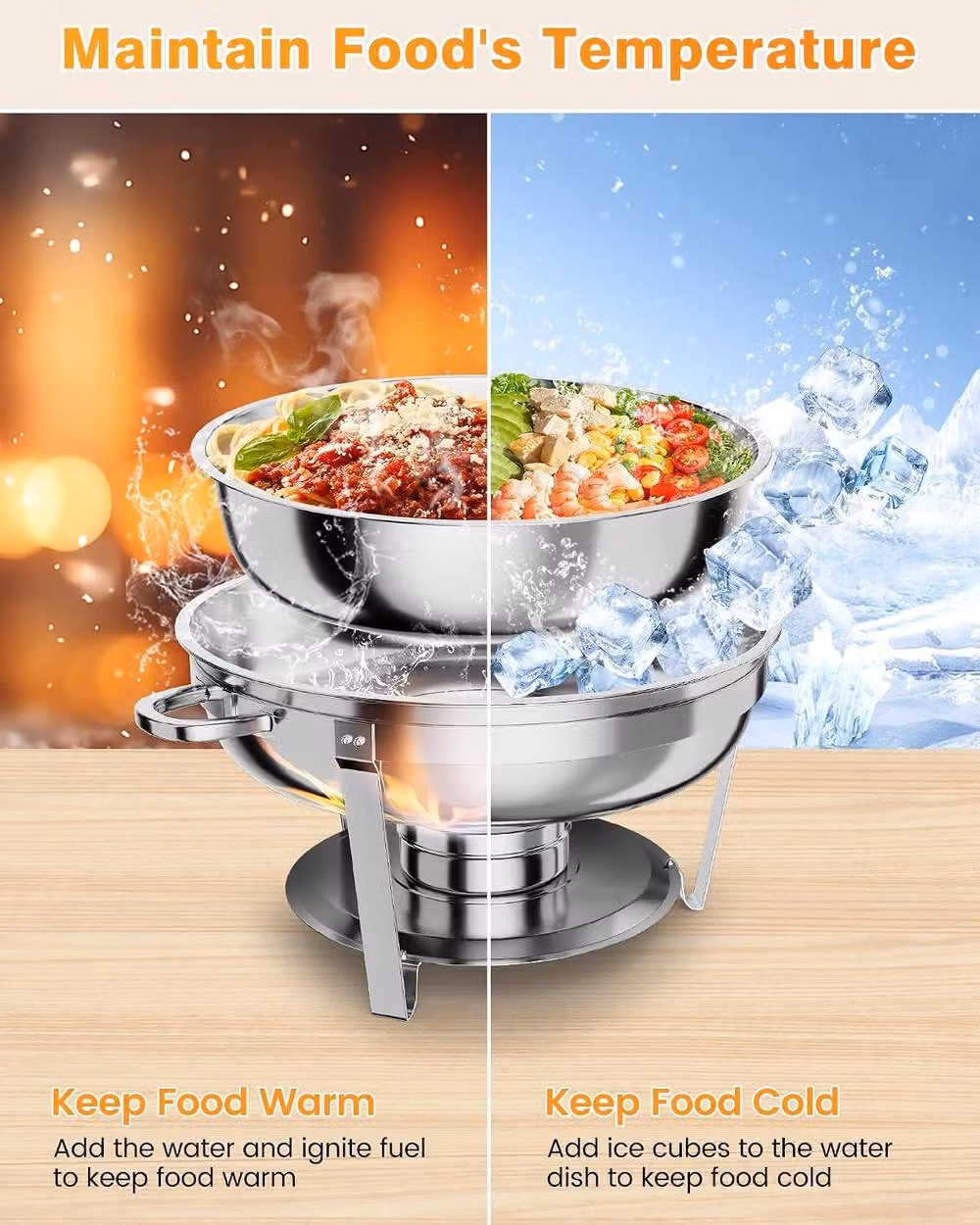 London Boutique 4CS Stainless Steel Chafing Dish Set, 5L Round Buffet Warmer with Lid Holder in Silver – 2
