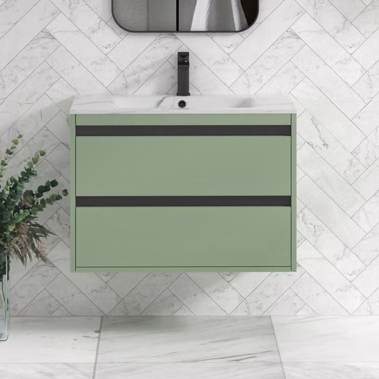 Royal Bathrooms Orion 800mm Wall Hung Vanity Unit with 2 Drawers in Mint Sage and Carrara White Basin with Black Accent Trim