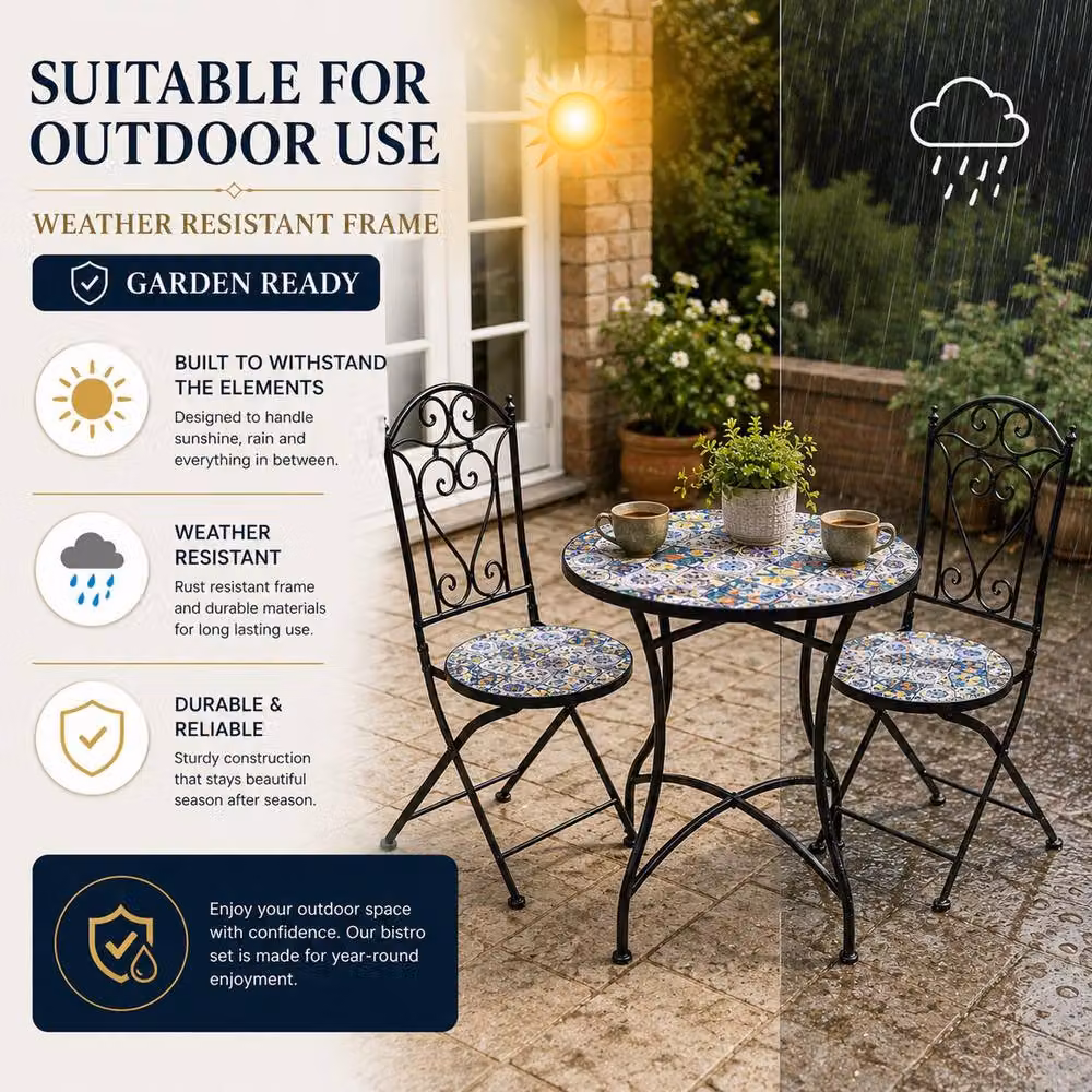 Shatchi Mediterranean Mosaic Bistro Set with Round Ceramic Table and 2 Folding Metal Chairs in Multicolour – 8