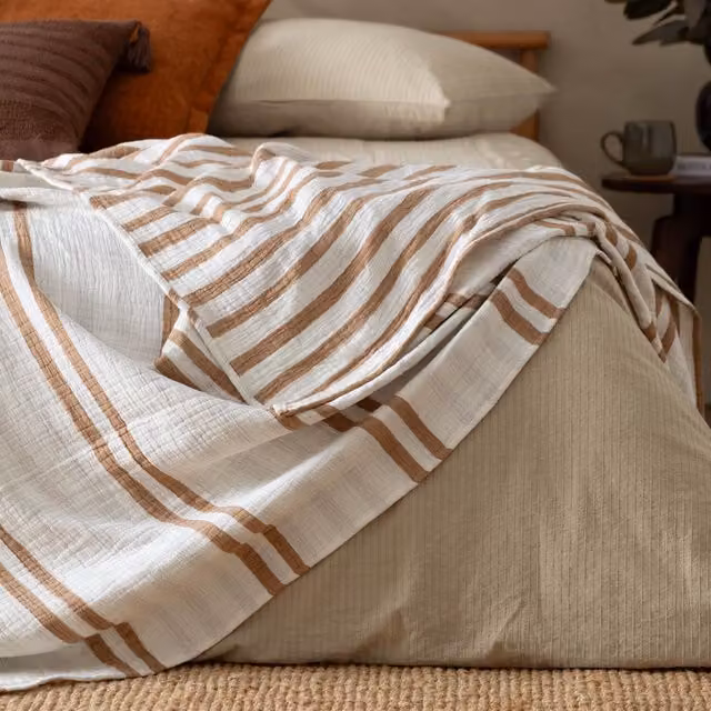 Make It A Home Reversible Woven Striped Cotton Muslin Bedspread in Brown, Orange and White