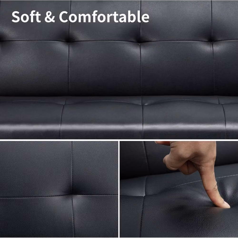 PAWNORA Black Faux Leather Click Clack Sofa Bed with Metal Frame – 2