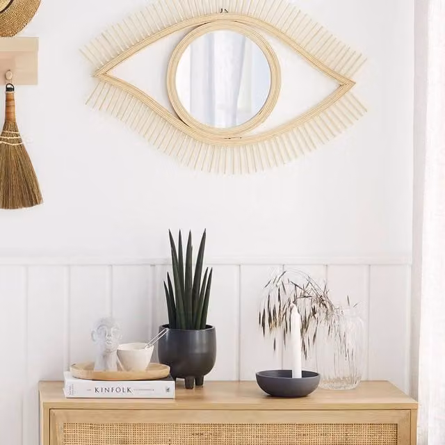 Wyld and Coco Boho Eye-Shape Wall Mirror with Brown Wood Frame, W: 48 cm, H: 79 cm