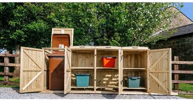 Buttercup Farm Chatburn Brown Wooden Bin Store with Shelving, Fits 1x 180L/240L Wheelie Bins and 6x Boxes, W/D/H: 120 x 80.4 x 123 cm – 1