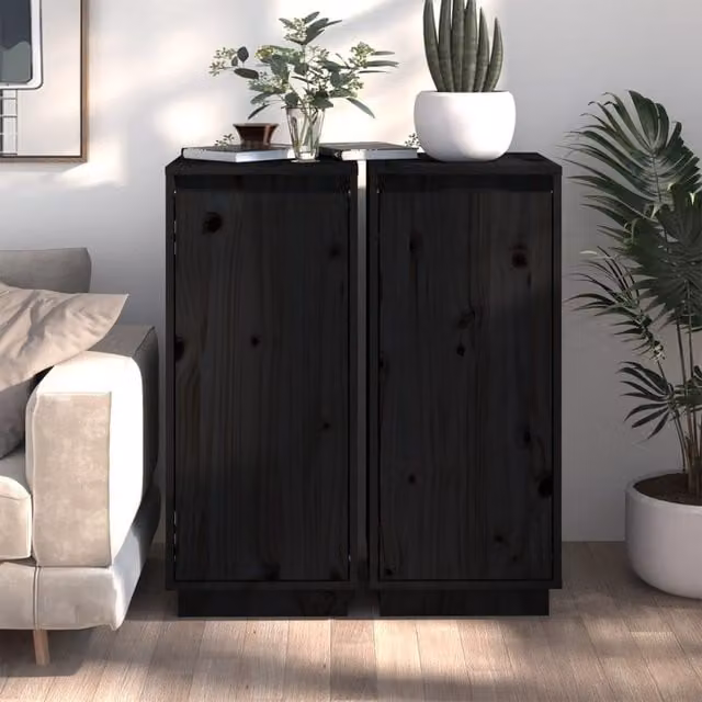 Berkfield Home Set of 2 Black Solid Pine Wood Sideboards, W/D/H: 31.5 x 34 x 75 cm