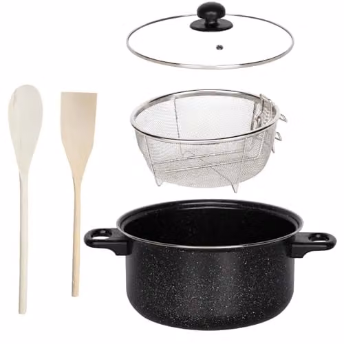 Almineez 5pc Black Non Stick Chip Pan Set with Frying Basket, Pot and Glass Lid, 2l, 24cm