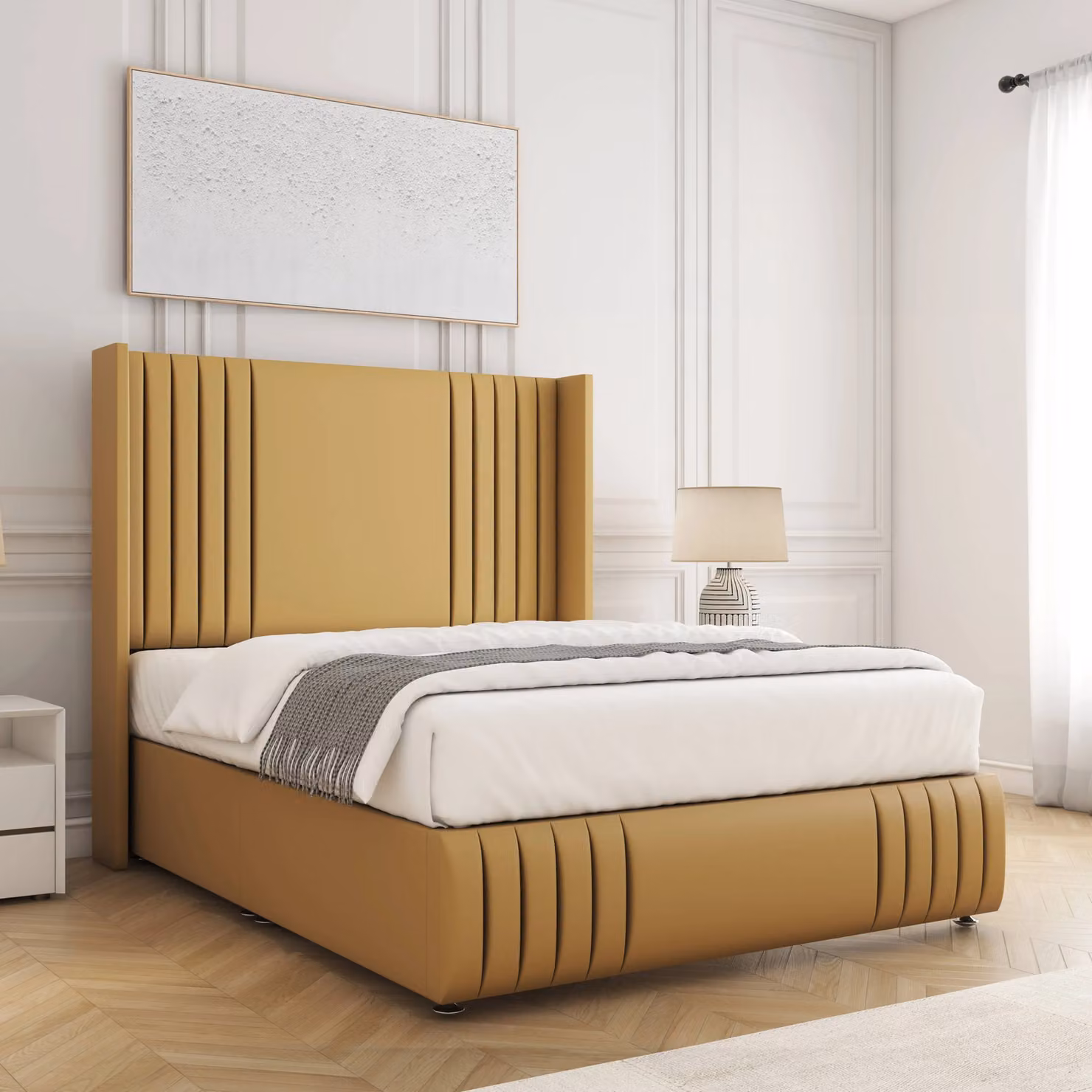 BSSPOKE Peyton Divan Bed Set with 54 inch Headboard and Mattress in Grey Plush Velvet, Super King, W/D/H: 200 x 160 x 137 cm
