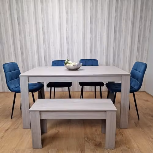 KOSY KOALA Modern 6 Seater Dining Set with Rectangular Grey Table, 4 Blue Velvet Chairs and 1 Bench, W/D/H: 140 x 80 x 75 cm – 2