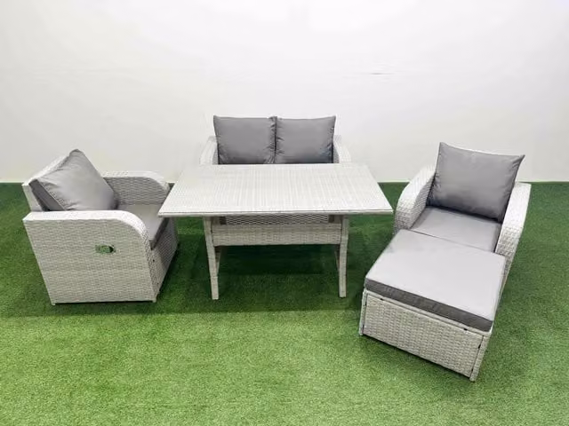 Fimous 5 Seater Light Grey PE Wicker Rattan Garden Furniture Set with Reclining Chairs, Rectangular Dining Table and Footstool