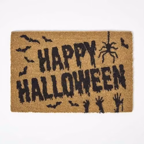 Homescapes Happy Halloween Coir Doormat with Non-Slip PVC Backing, W/D: 60 x 40 cm, Black and Beige