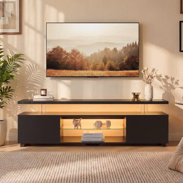 Matteo Black LED TV Stand with Integrated Lighting and Media Compartments – 1