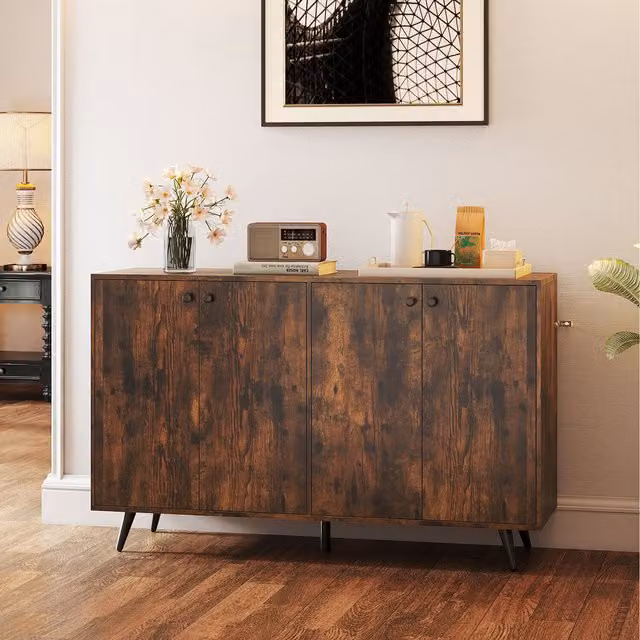COSTWAY Mid-Century Modern 4-Door Freestanding Storage Cabinet in Brown