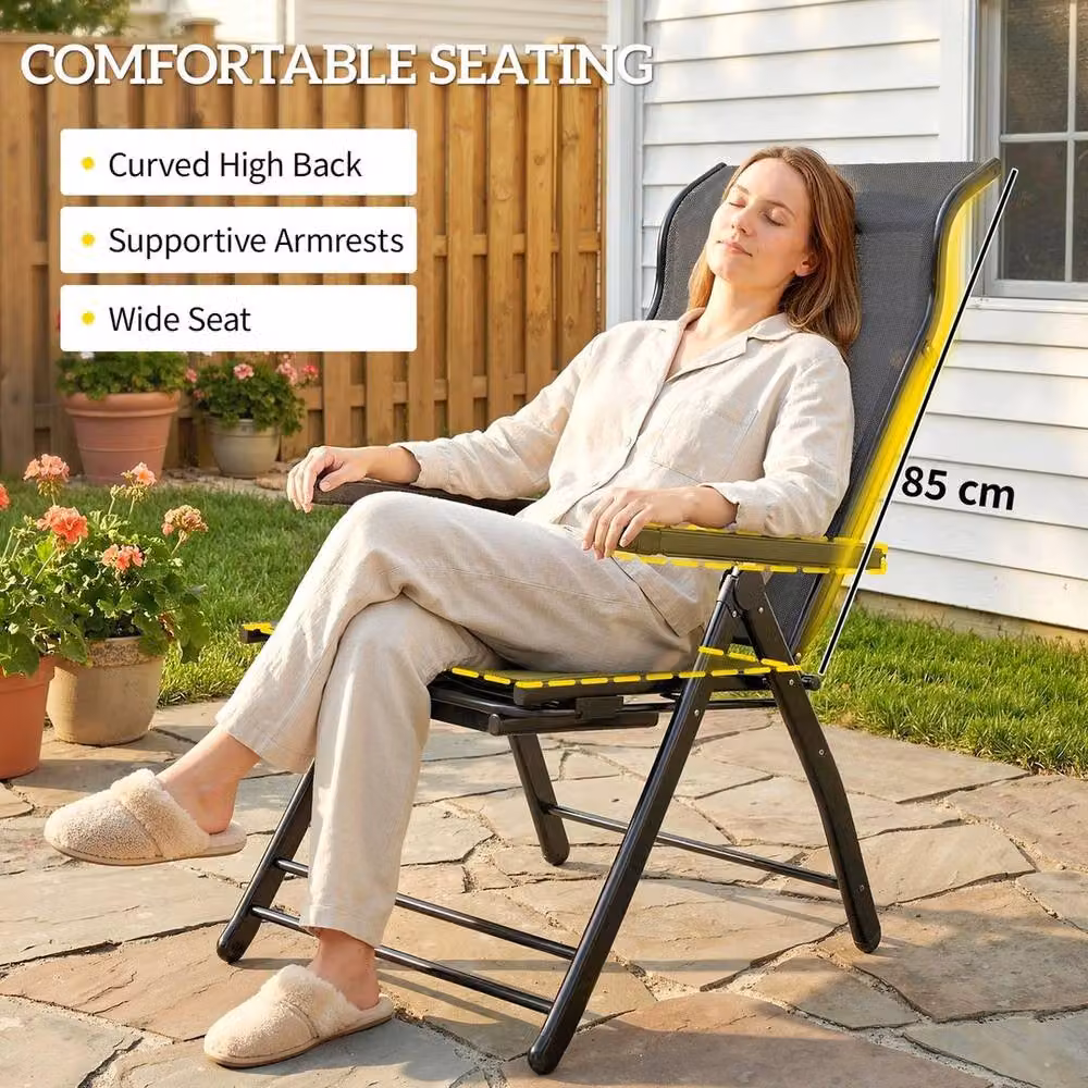 NESTLUNE Set of 2 Folding Reclining Garden Chairs in Grey with Adjustable Headrest and Armrests – 4
