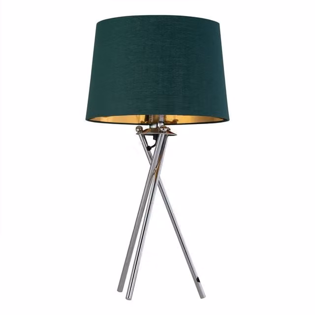 First Choice Lighting Tripod Chrome Lamp with Green and Gold Fabric Shade
