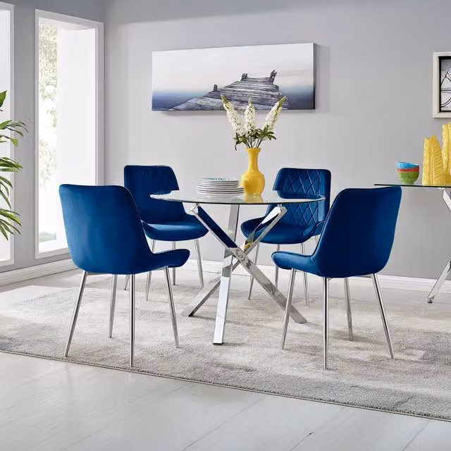 FurnitureboxUK Selina Round Glass Dining Table with Four Blue Pesaro Chairs and Silver Legs