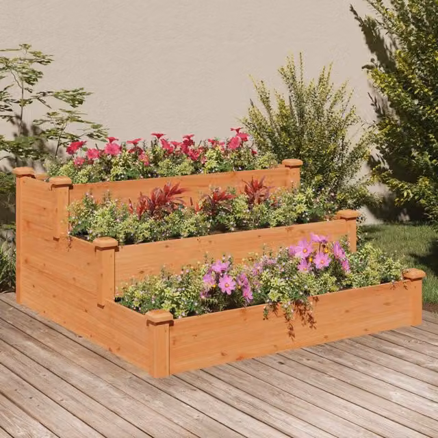Berkfield Home Garden Brown Wooden Raised Bed W/D/H: 120 x 120 x 56 cm