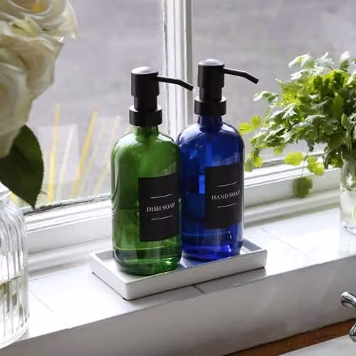 Harbour Housewares Pack of 4 Blue Glass Soap Dispensers with Black Labels and Pumps, 500ml – 3