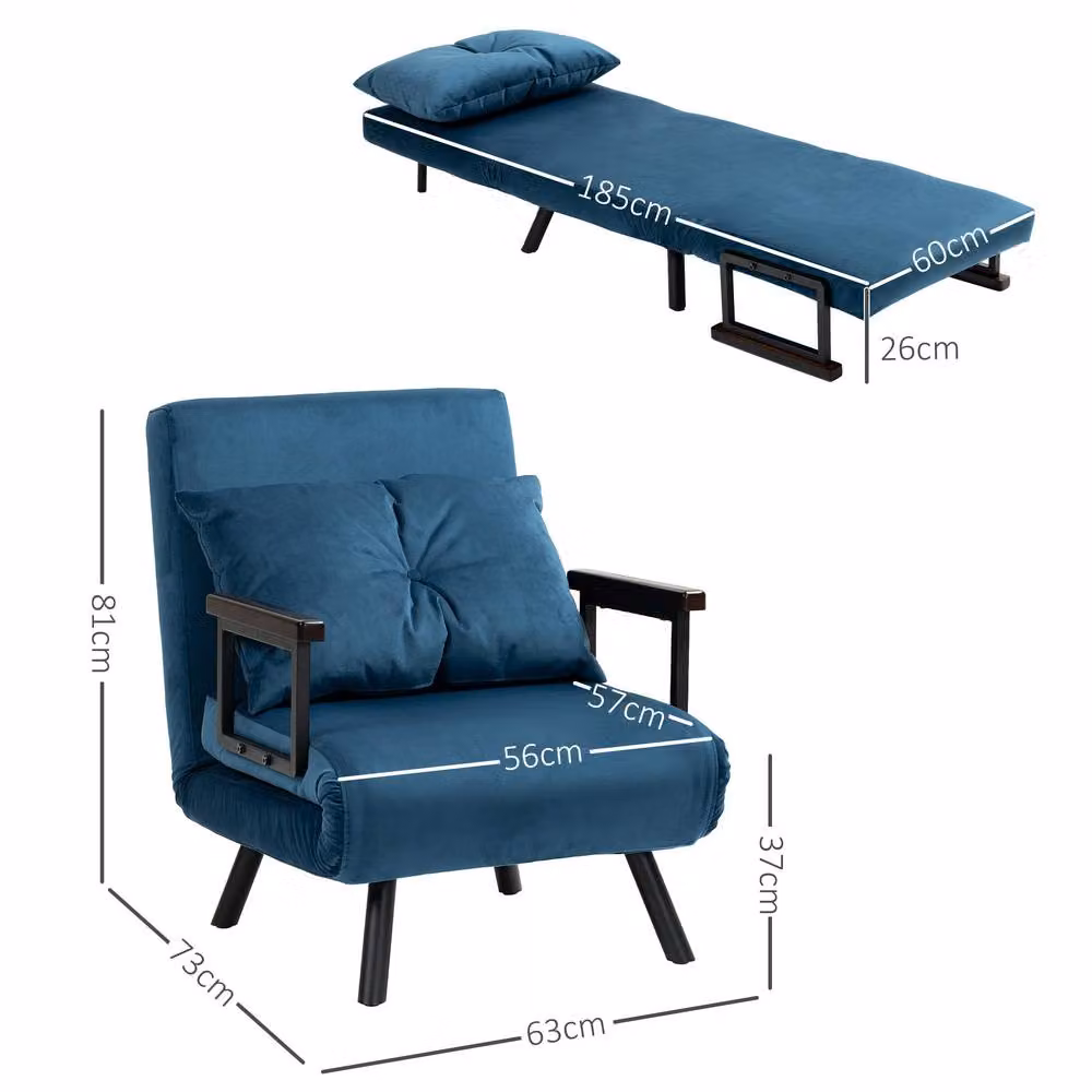 STILVORA Blue Velvet Click-Clack Chair Bed with Armrests – 3