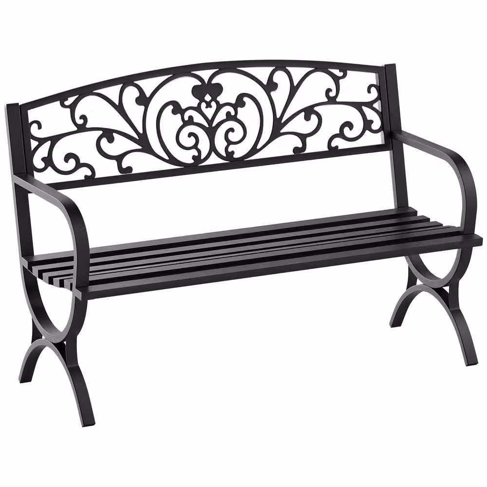 OUTSUNNY 2 Seater Vintage Metal Garden Bench in Matt Black with Floral Detail – 2