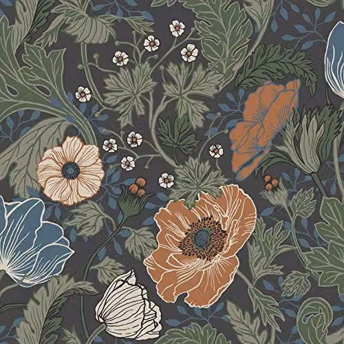A-Street Prints Apelviken Anemone Floral Vines Art Nouveau Wallpaper in Black and Orange