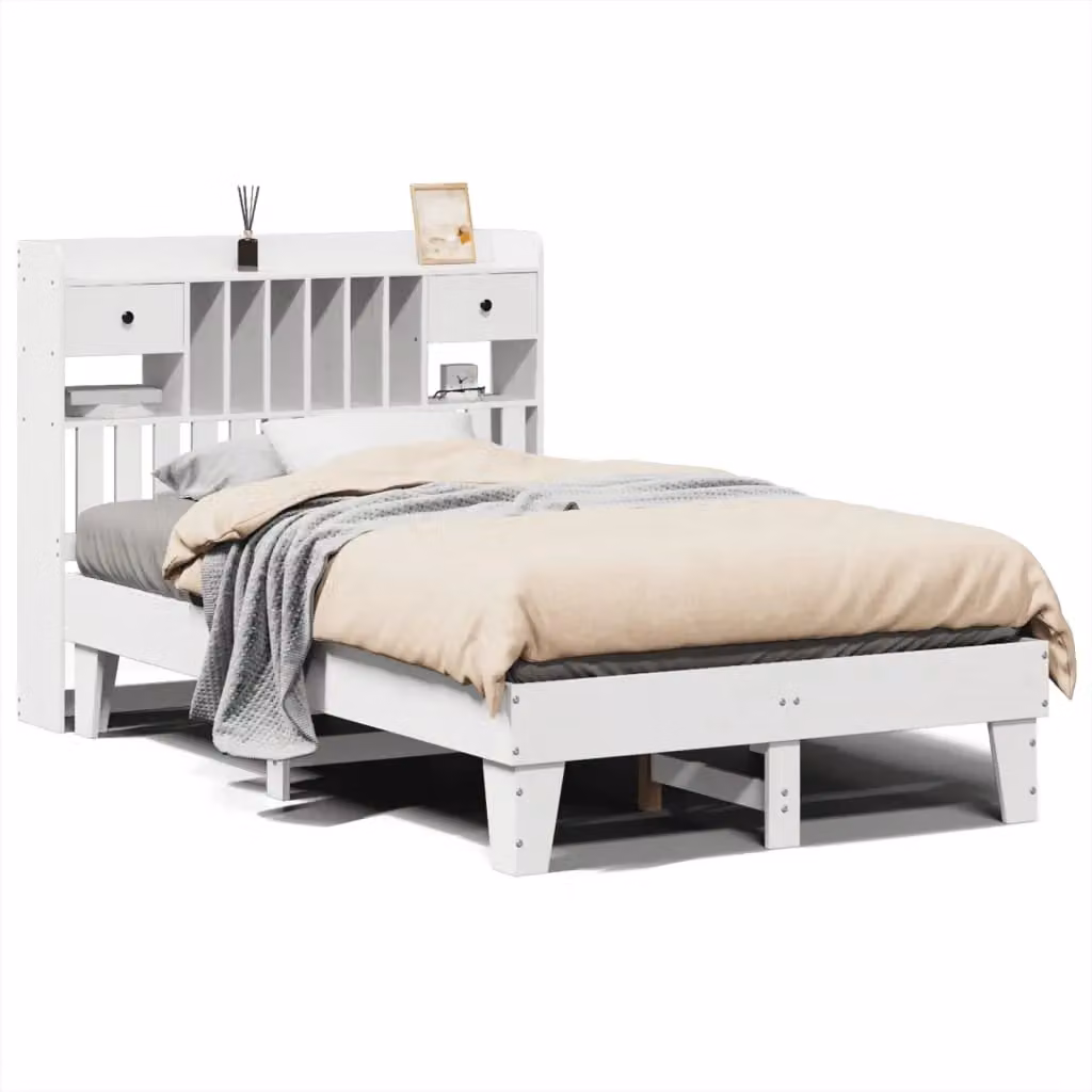 Berkfield Home White Solid Wood Pine Bed Frame W: 135 cm, D: 190 cm – 2